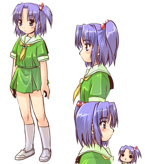 dd (ijigendd), 98se-tan, os-tan, 1girl, full body, hair bobbles, hair ornament, kneehighs, multiple views, one side up, parted bangs, profile, simple background, socks, standing, white background