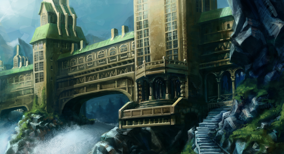 asterisk kome, original, architecture, bridge, building, landscape, no humans, scenery, stairs, tower, water, waterfall