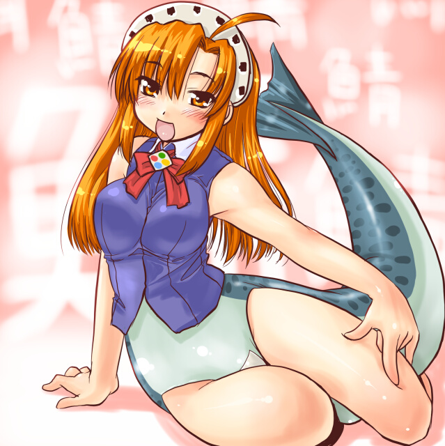 dd (ijigendd), 2003 server, 95-tan, os-tan, 1girl, 2003 server (cosplay), ahoge, blouse, blue shirt, blush, bottomless, breasts, collared shirt, cosplay, female focus, half-closed eyes, large breasts, long hair, looking at viewer, maebari, no panties, open mouth, shirt, sleeveless, sleeveless shirt, solo