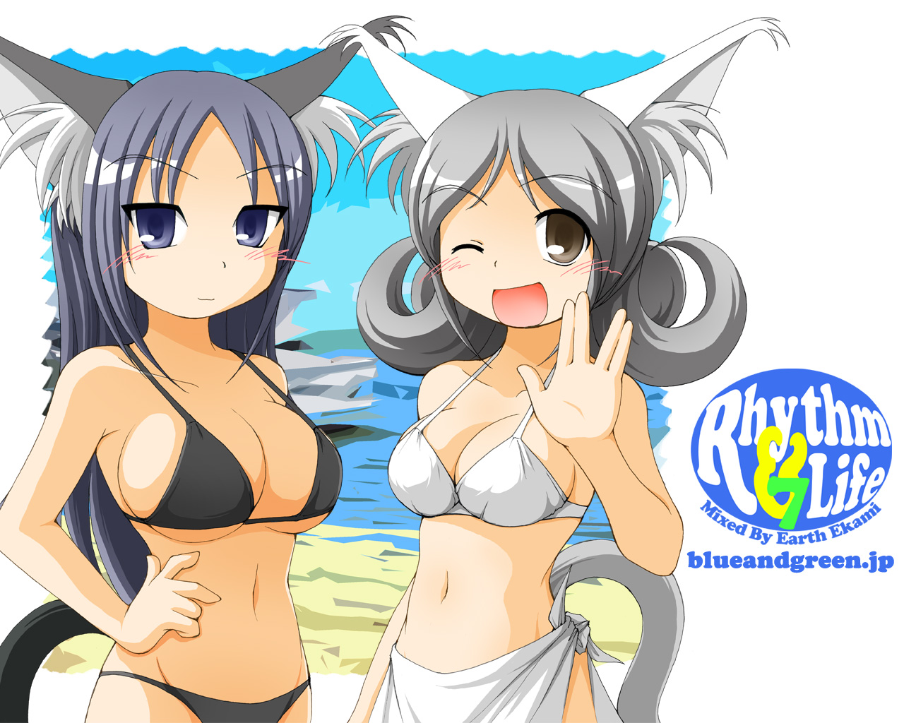 earth ekami, original, 2girls, animal ears, beach, bikini, blue eyes, blue hair, blush, breasts, brown eyes, cat ears, cleavage, grey hair, groin, large breasts, multiple girls, navel, one eye closed, open mouth, sarong, sideboob, smile, swimsuit, underboob, wink