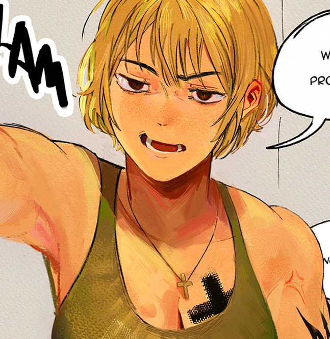 usergore, marichka, original, 1girl, annoyed, armpits, blonde hair, breasts, cleavage, close-up, green tank top, kabedon, looking at viewer, muscular, muscular female, open mouth, short hair, solo, tank top, ukraine