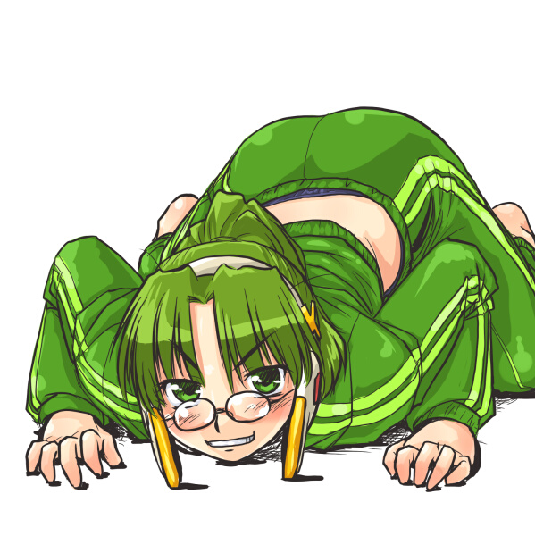 dd (ijigendd), homeko, homoo…, xp home-tan, xphome, os-tan, 1girl, all fours, barefoot, crawling, female focus, glasses, green eyes, green hair, matching hair/eyes, ponytail, pounce, smile, solo, top-down bottom-up, track suit