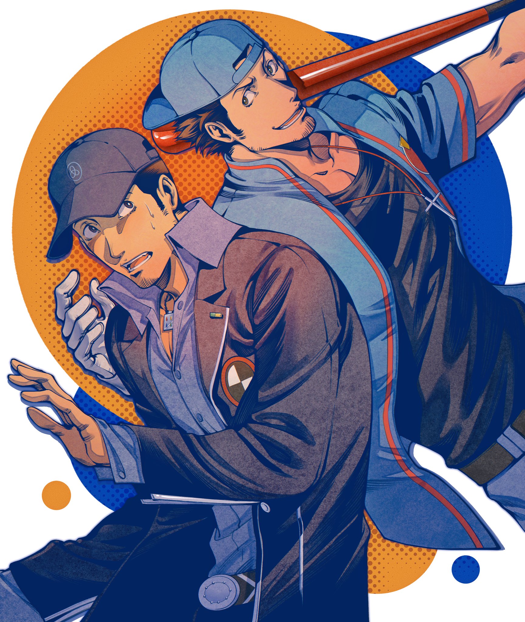 oldkin, iori junpei, persona, persona 3, persona 4: the ultimate in mayonaka arena, chinese commentary, highres, 2boys, backwards hat, baseball bat, baseball cap, baseball uniform, belt, belt buckle, black belt, black hair, black jacket, black shirt, blazer, blue hat, blue shirt, buckle, cross, cross necklace, dual persona, facial hair, gekkoukan high school uniform, gloves, goatee stubble, hat, holding, holding baseball bat, jacket, jewelry, male focus, metal belt, multiple boys, necklace, open mouth, school uniform, shirt, shirt tucked in, short hair, smile, sportswear, stubble, sweat, white gloves