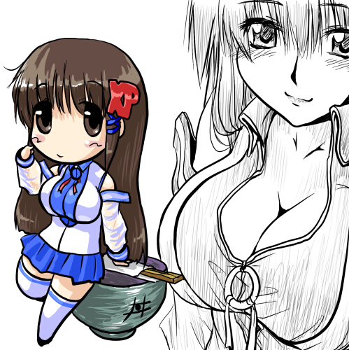 dd (ijigendd), xp-tan, os-tan, lowres, 1girl, blue skirt, blush, breasts, chibi, cleavage, large breasts, rice bowl, skirt