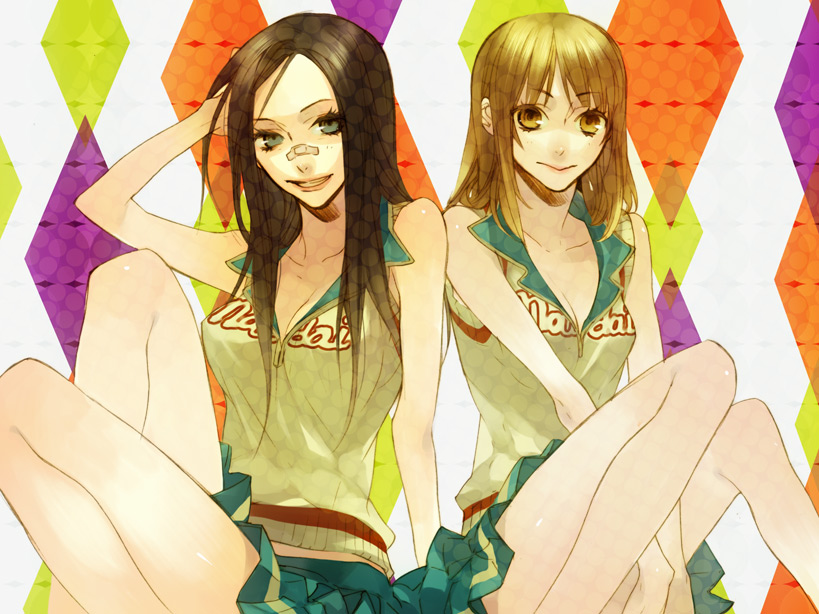 mutou aoi, oikawa hazuki, moyashimon, 2girls, argyle background, argyle clothes, bandaid, bandaid on face, bandaid on nose, bare legs, black hair, brown hair, cheerleader, closed mouth, collarbone, green skirt, knees up, lips, long hair, looking at viewer, multiple girls, short hair, skirt, smile
