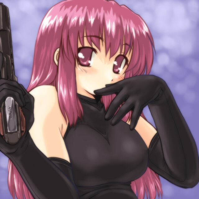 dd (ijigendd), bare shoulders, gloves, gun, handgun, m1911, pink eyes, pink hair, pistol, solo, weapon