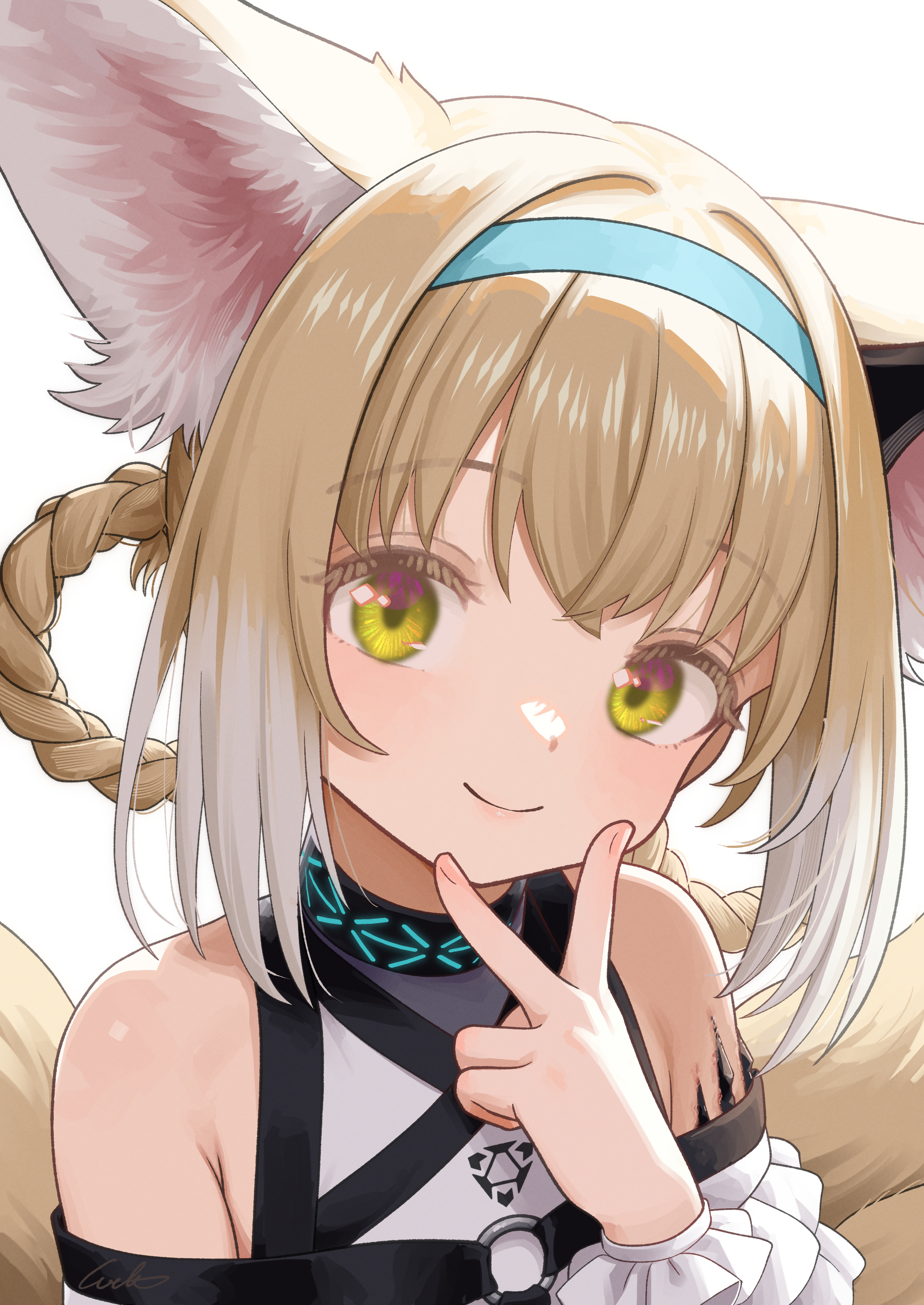 welt (kinsei koutenkyoku), infection monitor (arknights), suzuran (arknights), arknights, absurdres, commentary request, highres, 1girl, animal ears, artist name, bare shoulders, bilingual text, blonde hair, blue hairband, braid, braided hair rings, closed mouth, colored tips, cover, fox ears, fox girl, green eyes, hair rings, hairband, looking at viewer, mixed-language text, multicolored hair, short hair, simple background, smile, solo, twin braids, white background, white hair