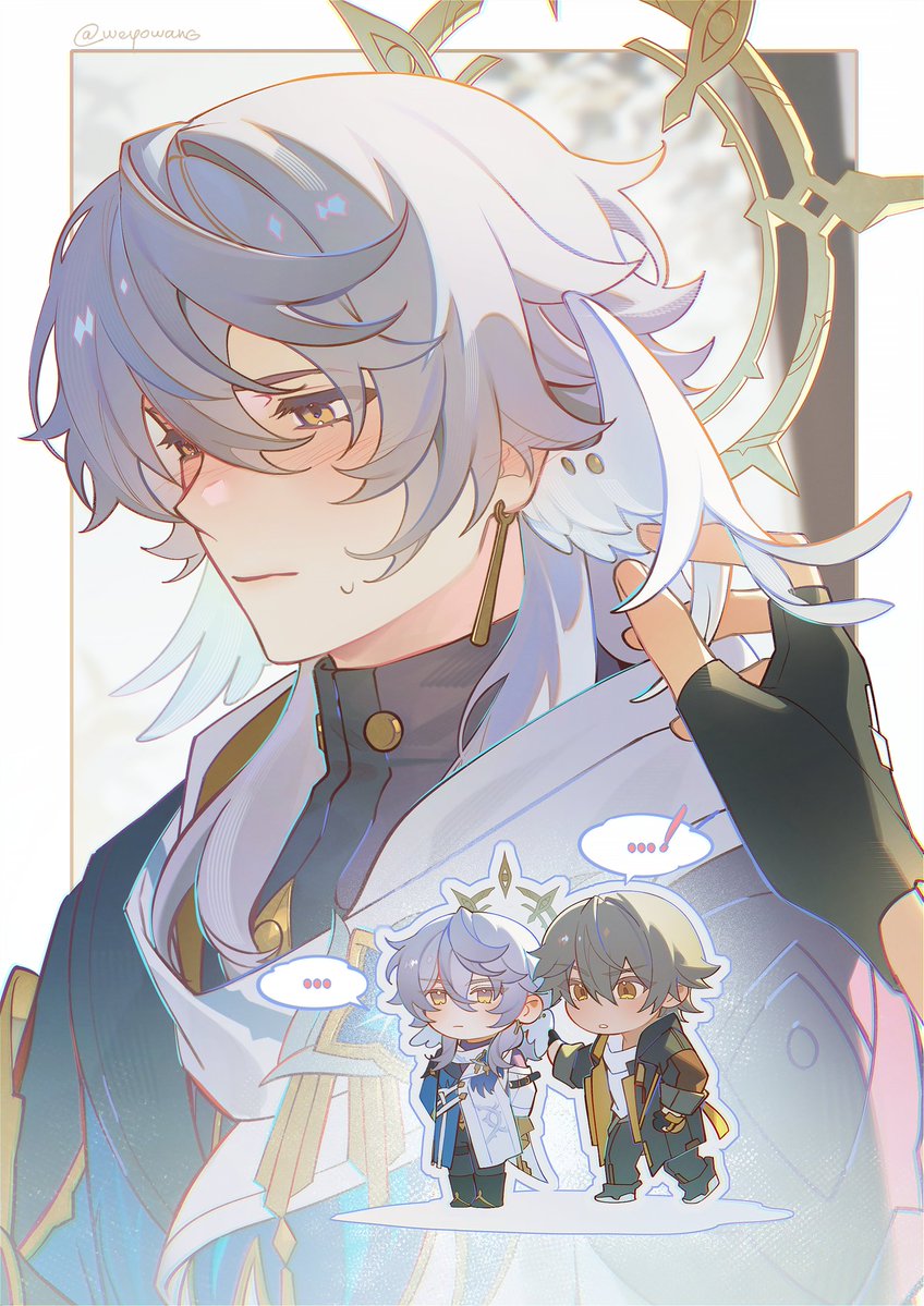 weyowang, caelus (honkai: star rail), sunday (honkai: star rail), trailblazer (honkai: star rail), honkai: star rail, honkai (series), commentary, english commentary, !, …, 2boys, artist name, black boots, black coat, black gloves, black pants, blue background, blue jacket, blush, boots, border, buttons, closed mouth, coat, earrings, feathered wings, full body, gloves, gold earrings, grey hair, hair between eyes, halo, halo behind head, hand up, head wings, hood, hooded coat, jacket, jewelry, lapels, long sleeves, looking afar, looking at another, male focus, mini person, miniboy, multicolored jacket, multiple boys, multiple views, open clothes, open coat, outside border, pants, piercing, purple shirt, shadow, shirt, short hair, shy, sidelocks, speech bubble, spoken ellipsis, spoken exclamation mark, standing, sweatdrop, t-shirt, teeth, thigh strap, two-sided coat, two-sided fabric, two-tone jacket, upper body, white border, white jacket, white shirt, wing piercing, wings, yellow coat, yellow eyes