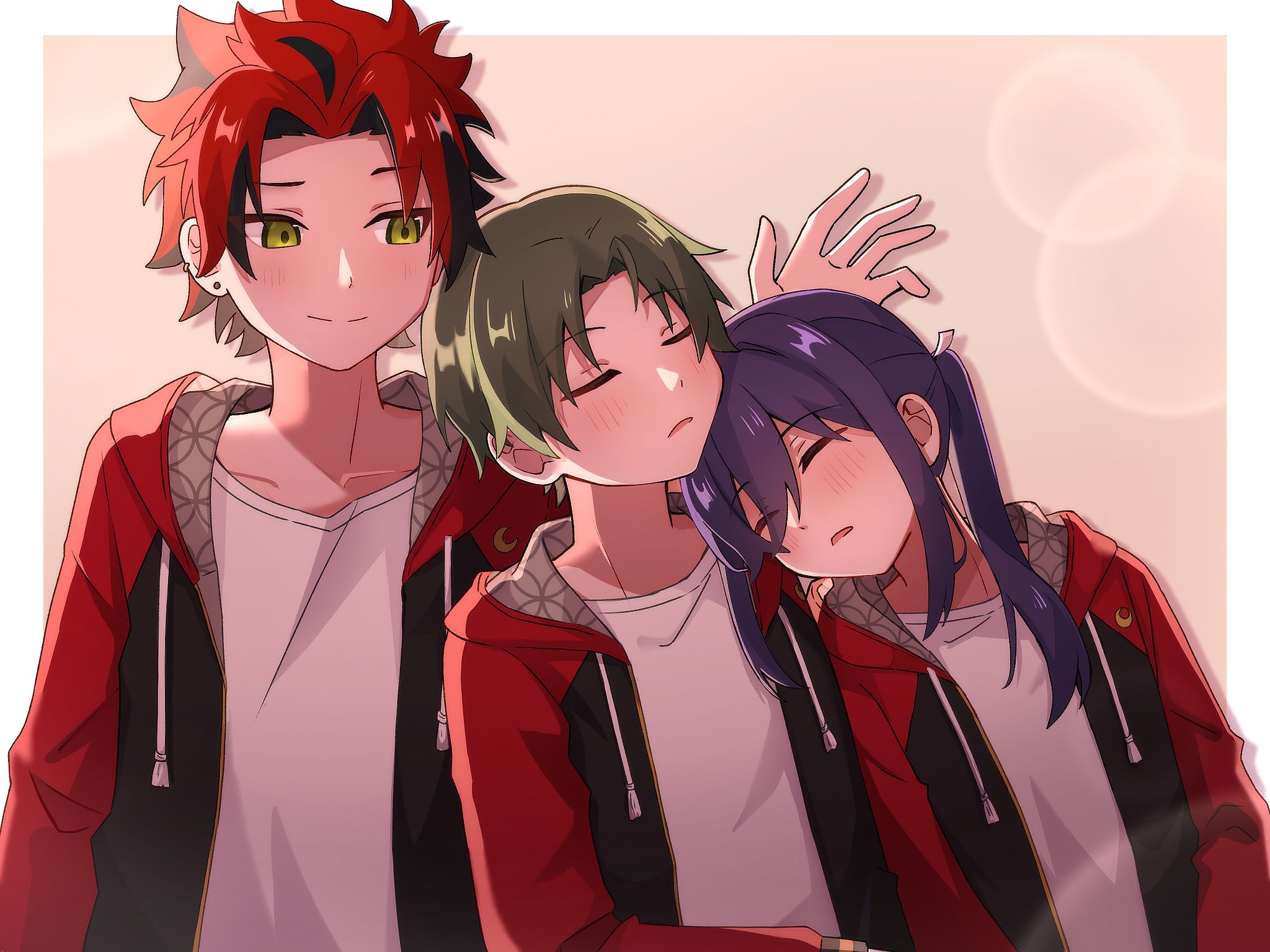 sako nako, akatsuki (ensemble stars!), hasumi keito, kanzaki souma, kiryu kuro, ensemble stars!, highres, 3boys, black hair, black jacket, border, closed eyes, closed mouth, collarbone, crescent, curtained hair, double-parted bangs, drawstring, earrings, green eyes, green hair, hair between eyes, hair intakes, hair slicked back, hand up, heads together, hood, hood down, hooded jacket, jacket, jewelry, leaning on person, lens flare, light blush, long hair, long sleeves, looking at another, male focus, motoyui, multicolored hair, multiple boys, multiple earrings, no eyewear, outside border, parted bangs, parted lips, ponytail, purple eyes, purple hair, raised eyebrow, red hair, red jacket, shippou (pattern), shirt, short hair, sidelocks, simple background, sleeping, sleeping on person, smile, spiked hair, streaked hair, white border, white shirt