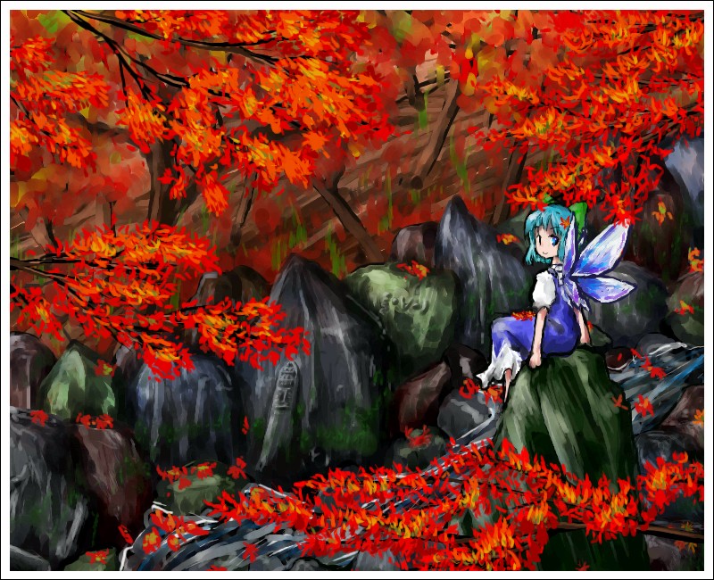 sakaki soshi, cirno, shoot the bullet, touhou, 1girl, autumn, autumn leaves, blue dress, blue eyes, blue hair, day, dress, falling leaves, female focus, from behind, ice, ice wings, leaf, looking at viewer, looking back, matching hair/eyes, outdoors, puffy short sleeves, puffy sleeves, rock, short hair, short sleeves, sitting, solo, wings