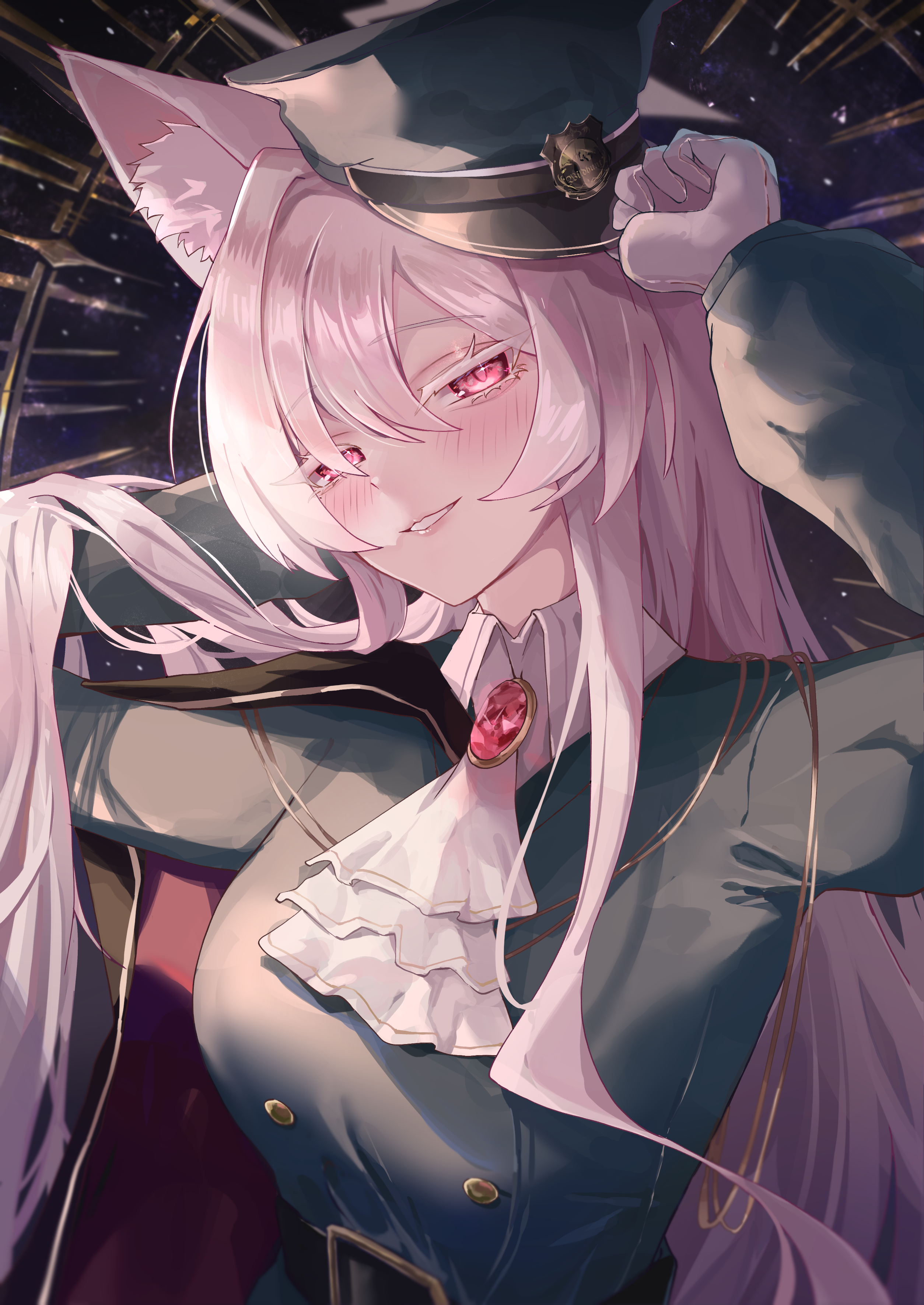 nekoplanetouo, akira (blue archive), blue archive, absurdres, commentary request, highres, 1girl, animal ear fluff, animal ears, arms up, ascot, belt, black belt, blush, cat ears, cat girl, coat, colored eyelashes, gloves, green coat, green hat, grin, hair between eyes, halo, hat, looking at viewer, pink eyes, pink hair, pink halo, smile, solo, standing, teeth, trench coat, upper body, white ascot, white eyelashes, white gloves