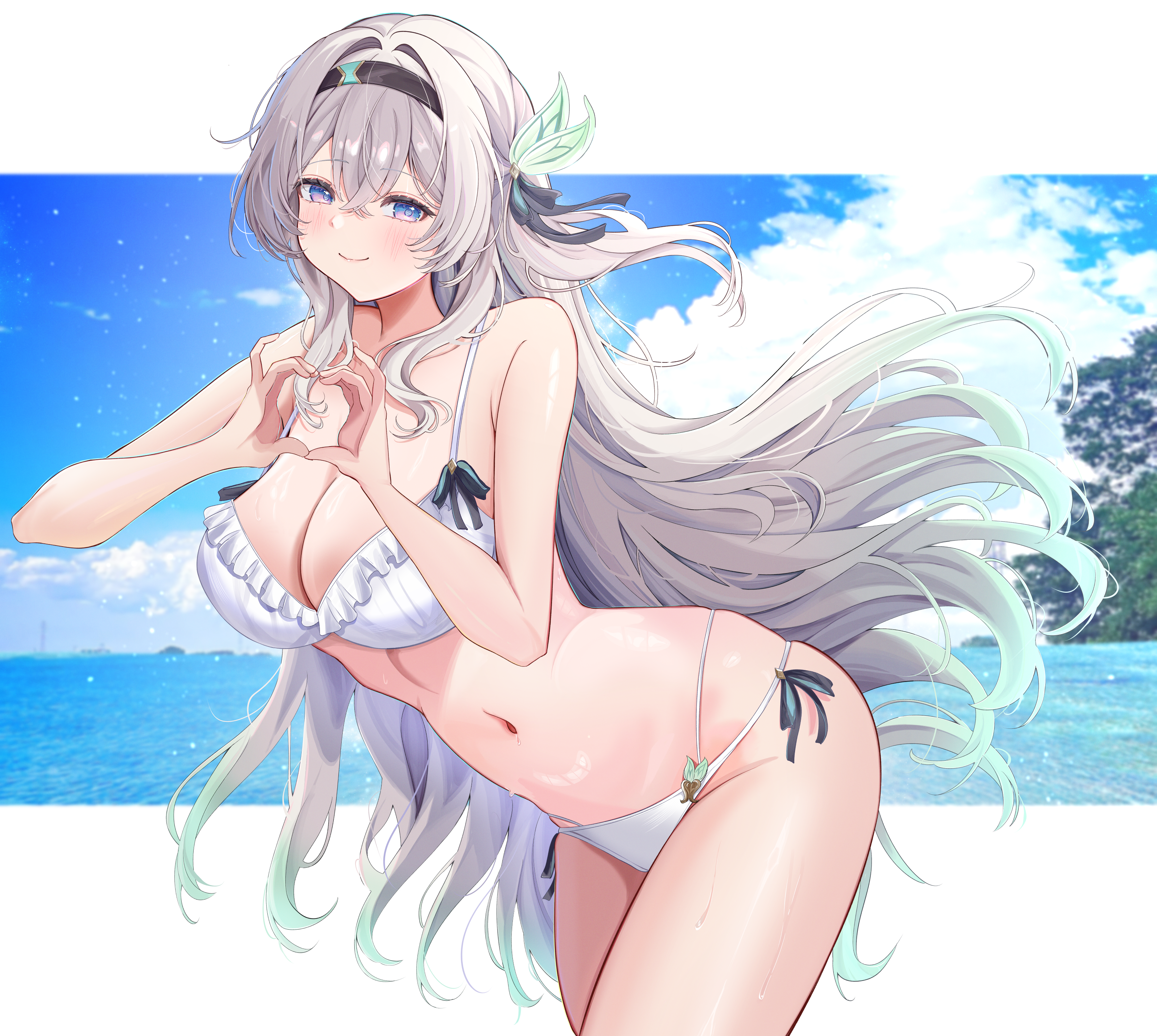 millchi, firefly (honkai: star rail), honkai: star rail, honkai (series), absurdres, highres, 1girl, bare arms, bare shoulders, bikini, black hairband, blush, breasts, cleavage, closed mouth, collarbone, frilled bikini, frills, gradient hair, green hair, grey hair, hair between eyes, hair ornament, hairband, heart, heart hands, long hair, looking at viewer, medium breasts, multicolored hair, navel, pink eyes, smile, solo, stomach, swimsuit, white bikini