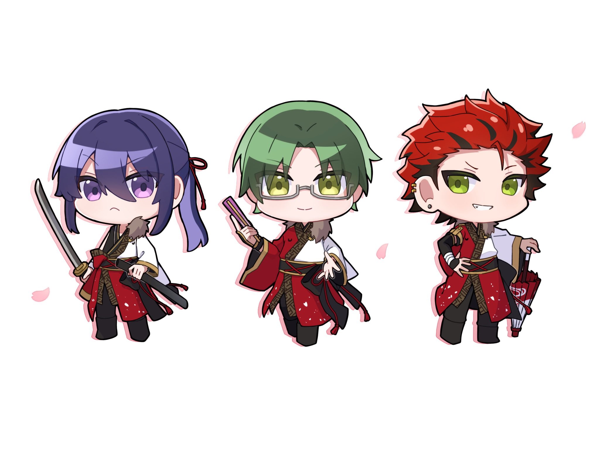 sako nako, akatsuki (ensemble stars!), hasumi keito, kanzaki souma, kiryu kuro, ensemble stars!, highres, 3boys, :<, black arm warmers, black boots, black hair, black pants, boots, chibi, chibi only, colored shadow, crescent, double-parted bangs, drop shadow, earrings, falling petals, folded fan, folding fan, fur shawl, glasses, grey-framed eyewear, grin, hadanugi dousa, hair between eyes, hair intakes, hair ribbon, hair slicked back, hand fan, hand on own hip, holding, holding fan, holding sheath, holding sword, holding weapon, idol, japanese clothes, jewelry, katana, kimono, long hair, long sleeves, looking at viewer, male focus, multicolored hair, multiple boys, multiple earrings, obi, open kimono, outstretched arm, pants, parasol, petals, pink petals, ponytail, purple eyes, purple hair, reaching, reaching towards viewer, red hair, red kimono, red ribbon, ribbon, sash, shadow, shawl, sheath, sidelocks, simple background, smile, spiked hair, standing, streaked hair, stud earrings, sword, two-tone kimono, umbrella, v-shaped eyebrows, weapon, white background, white kimono, wide sleeves, wrist wrap