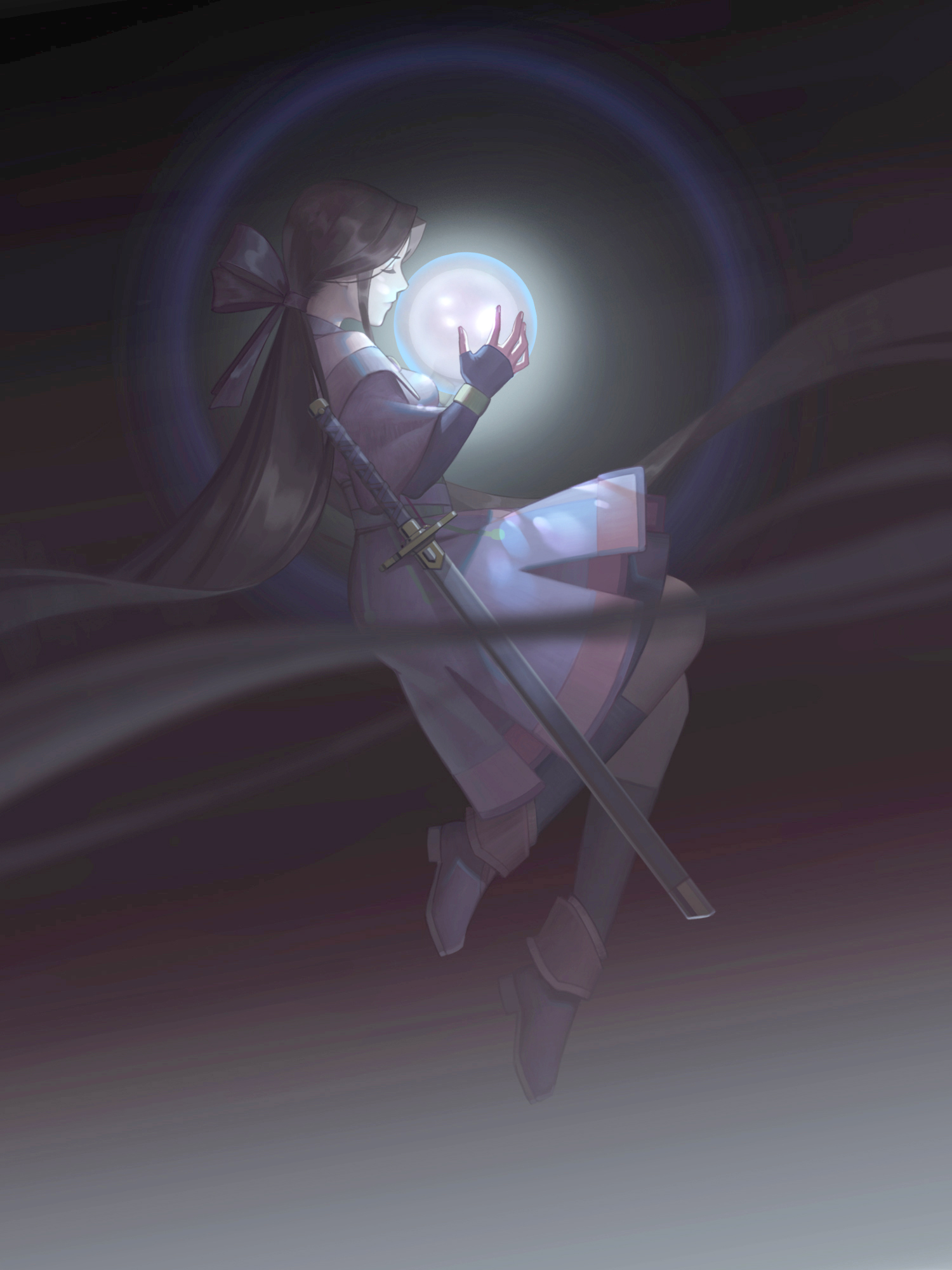 hanxiaodan, kuiba, chinese commentary, highres, 1girl, absurdly long hair, ankle boots, black gloves, black socks, boots, bow, bracer, brown background, closed eyes, closed mouth, curtained hair, dress, elbow gloves, fingerless gloves, from side, full body, gloves, glowing, gradient background, hair bow, holding orb, knees up, long hair, low ponytail, parted bangs, pink bow, pink dress, ponytail, purple boots, sheath, sheathed, short dress, short sleeves, socks, solo, sword, very long hair, weapon