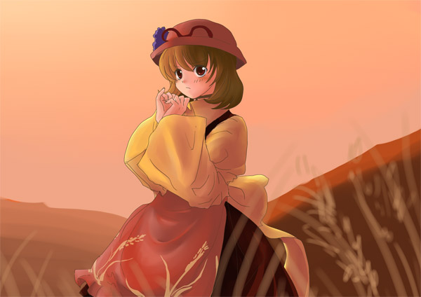 nanami sano, aki minoriko, touhou, 1girl, blonde hair, blush, brown eyes, brown hair, dress, evening, female focus, field, from behind, hat, long sleeves, looking at viewer, looking back, orange sky, sky, solo, sunset, wide sleeves, yellow dress