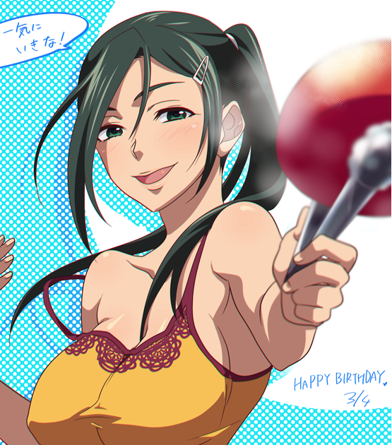 ikuhashi muiko, irei mizuka, robotics;notes, science adventure, 1girl, bare shoulders, breasts, cleavage, collarbone, green eyes, green hair, hair ornament, hairclip, holding, large breasts, lips, long hair, looking at viewer, open mouth, ponytail, smile, solo, steam, strap slip, tank top, upper body, yellow tank top