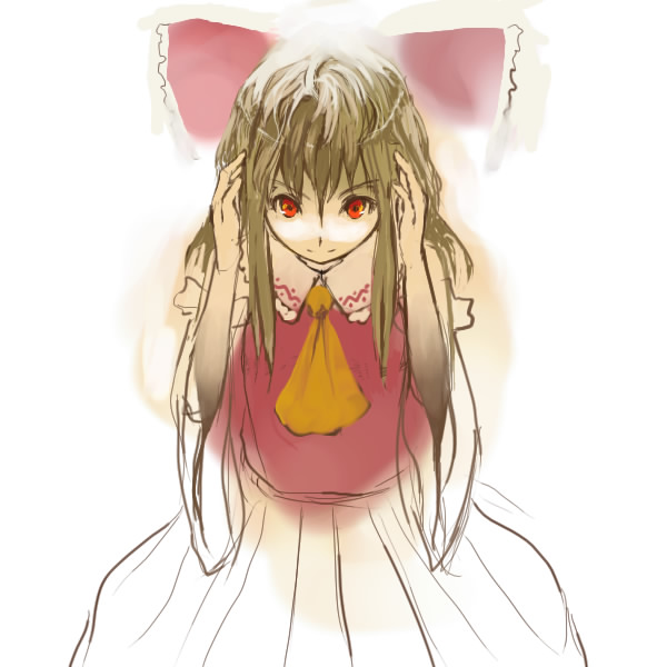 circlek, hakurei reimu, touhou, 1girl, ascot, bow, brown hair, collar, detached sleeves, dress, female focus, frills, hair bow, long sleeves, looking at viewer, oekaki, red bow, red dress, red eyes, sidelocks, simple background, solo, white background, wide sleeves