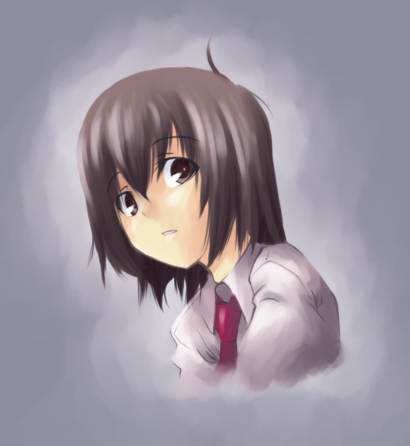 akakage red, red (artist), usami renko, ghostly field club, touhou, 1girl, brown eyes, brown hair, female focus, necktie, short hair, solo