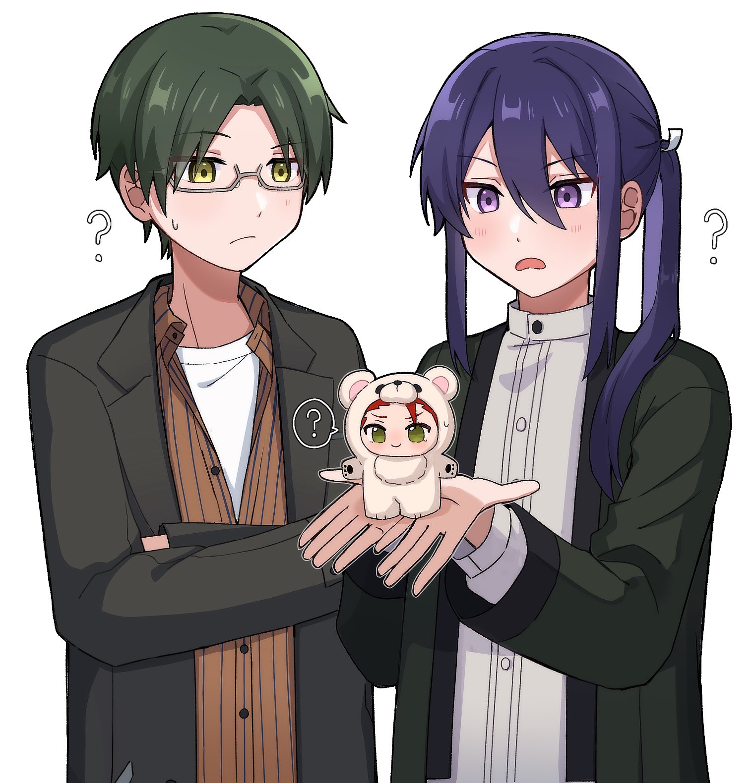sako nako, akatsuki (ensemble stars!), hasumi keito, kanzaki souma, kiryu kuro, ensemble stars!, highres, 3boys, ?, animal costume, bear costume, brown jacket, brown shirt, casual, character doll, collared shirt, curtained hair, doll, double-parted bangs, dress shirt, frown, glasses, green eyes, green haori, grey-framed eyewear, hair between eyes, hair intakes, hair over shoulder, hands up, haori, high collar, holding, jacket, japanese clothes, long hair, long sleeves, looking at object, male focus, motoyui, multiple boys, parted bangs, ponytail, purple eyes, purple hair, raised eyebrow, red hair, shirt, short hair, sidelocks, simple background, spoken question mark, striped clothes, striped shirt, sweatdrop, upper body, white background, white shirt