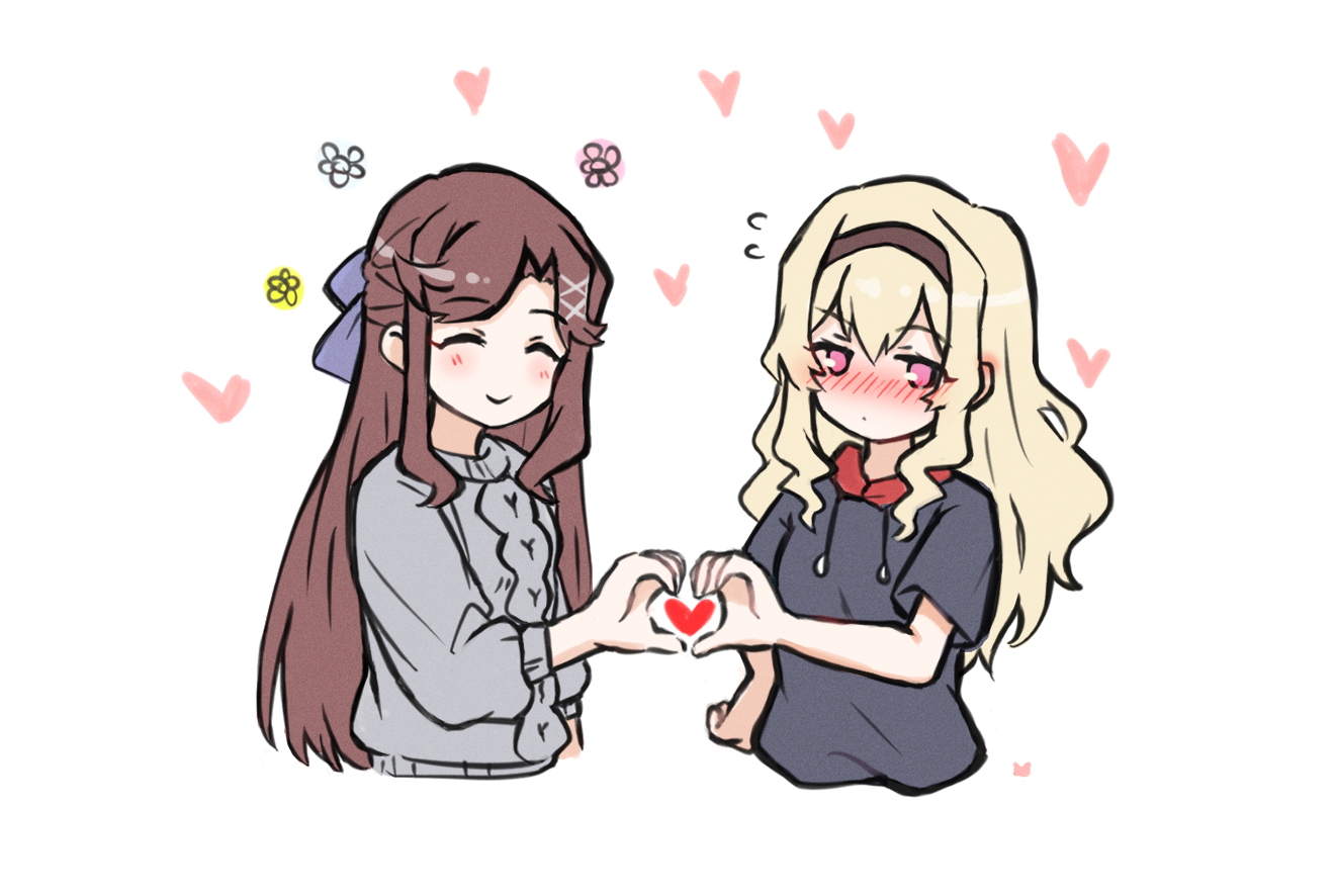 chibinekopan, saijou claudine, tendou maya, shoujo kageki revue starlight, 2girls, ^ ^, aran sweater, arm at side, averting eyes, black hairband, black hoodie, blonde hair, blush, bow, brown hair, cable knit, closed eyes, closed mouth, cropped torso, drawstring, embarrassed, flower symbol, grey sweater, hair bow, hair ornament, hairband, half updo, hand up, heart, heart hands, heart hands duo, hood, hood down, hoodie, long hair, long sleeves, looking ahead, multiple girls, no pupils, nose blush, parted bangs, pink eyes, purple bow, raised eyebrow, short sleeves, sidelocks, simple background, smile, sweater, upper body, wavy hair, white background, x hair ornament, yuri