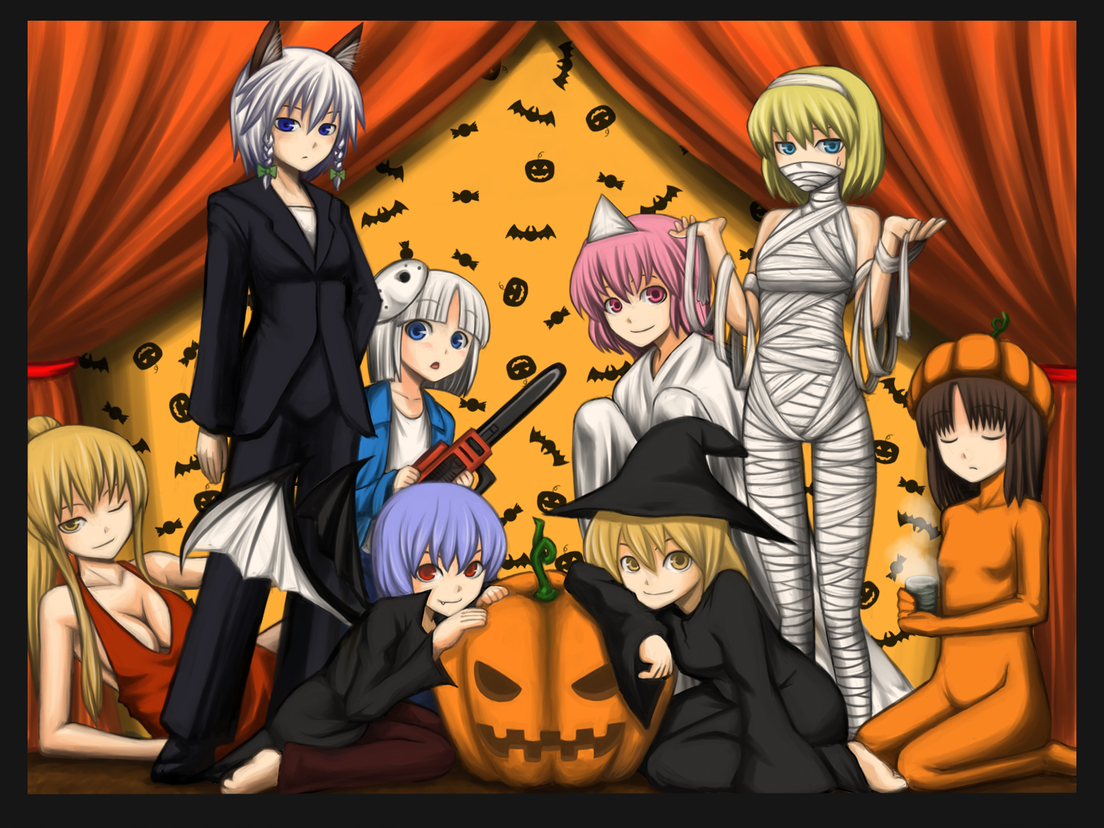 alice margatroid, hakurei reimu, inu sakuya (nejikirio), izayoi sakuya, kirisame marisa, konpaku youmu, remilia scarlet, saigyouji yuyuko, yakumo yukari, touhou, highres, 6+girls, alternate costume, animal ears, blonde hair, border, dog ears, female focus, halloween, hat, multiple girls, triangular headpiece, wings, witch hat