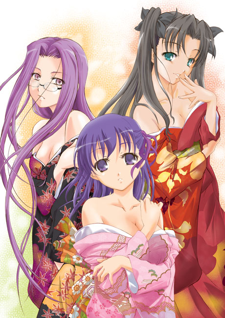 q-gaku, shinbo tamaran, matou sakura, medusa (fate), medusa (rider) (fate), tohsaka rin, fate/stay night, fate (series), 00s, 3girls, aqua eyes, bare shoulders, breasts, cleavage, glasses, hair ribbon, hand on own face, japanese clothes, kimono, large breasts, long hair, looking at viewer, multiple girls, parted lips, purple eyes, purple hair, ribbon, square pupils, twintails, two side up, very long hair