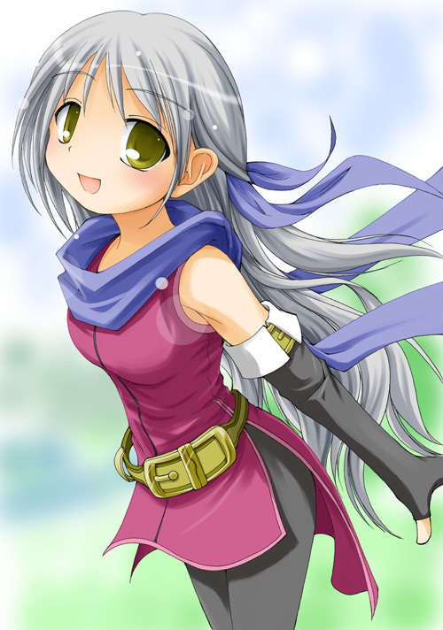 earth ekami, micaiah (fire emblem), fire emblem, fire emblem: radiant dawn, nintendo, silver hair, 1girl, :d, bare shoulders, black gloves, black pantyhose, blue scarf, dress, elbow gloves, female focus, gloves, hair ribbon, half updo, open mouth, pantyhose, ribbon, scarf, sleeveless, sleeveless dress, smile, solo, yellow eyes