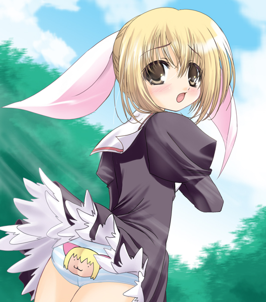 q-gaku, shinbo tamaran, suouin kana, otome wa boku ni koishiteru, 00s, 1girl, back-print panties, blonde hair, female focus, hair ribbon, loli, panties, print panties, ribbon, school uniform, serafuku, solo, striped clothes, striped panties, underwear, wind, wind lift