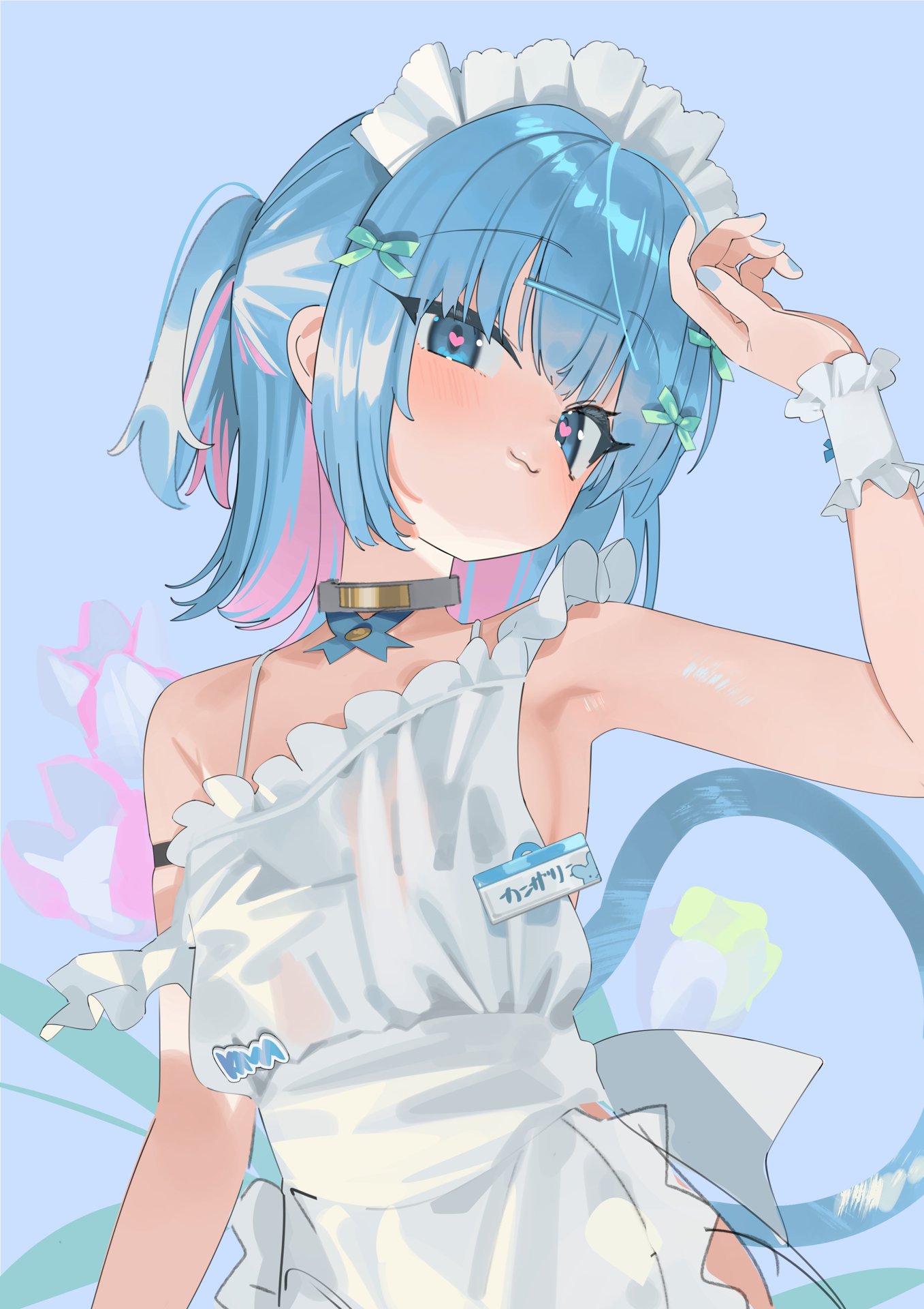 koyo2023, kanzarin (vtuber), indie virtual youtuber, commentary, highres, symbol-only commentary, 1girl, apron, armpits, blue eyes, blue hair, blue nails, bow, breasts, choker, closed mouth, colored inner hair, frilled apron, frills, green bow, grey choker, hair bow, hair ornament, hairclip, hand on own head, hand up, heart, heart-shaped pupils, looking at viewer, maid headdress, medium hair, multicolored hair, naked apron, name tag, pink hair, pink pupils, ponytail, small breasts, solo, strap slip, symbol-shaped pupils, two-tone hair, virtual youtuber, white apron, white wrist cuffs, wrist cuffs