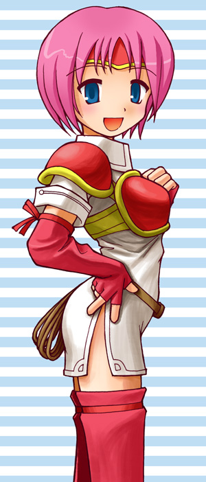 earth ekami, marcia (fire emblem), fire emblem, fire emblem: path of radiance, fire emblem: radiant dawn, nintendo, pegasus knight uniform (fire emblem), armor, bikini, blue eyes, dress, elbow gloves, gloves, pink hair, red armor, short hair, side slit, solo, striped bikini, striped clothes, swimsuit, thighhighs