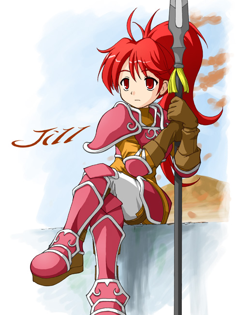 earth ekami, jill (fire emblem), fire emblem, fire emblem: path of radiance, fire emblem: radiant dawn, nintendo, 1girl, armor, boots, character name, female focus, pants, pink armor, polearm, ponytail, red eyes, red hair, solo, spear, weapon, wyvern rider