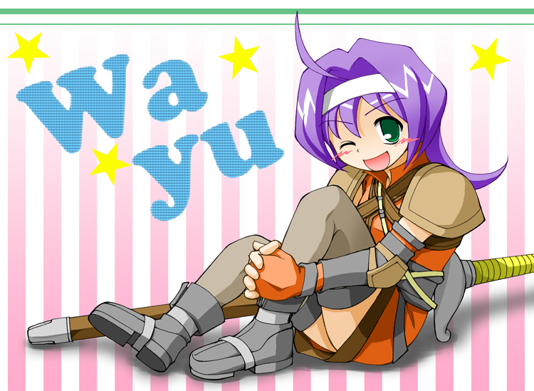 earth ekami, mia (fire emblem), fire emblem, fire emblem: path of radiance, fire emblem: radiant dawn, nintendo, 1girl, ;d, character name, elbow gloves, female focus, gloves, green eyes, one eye closed, open mouth, purple hair, smile, solo, sword, thighhighs, weapon