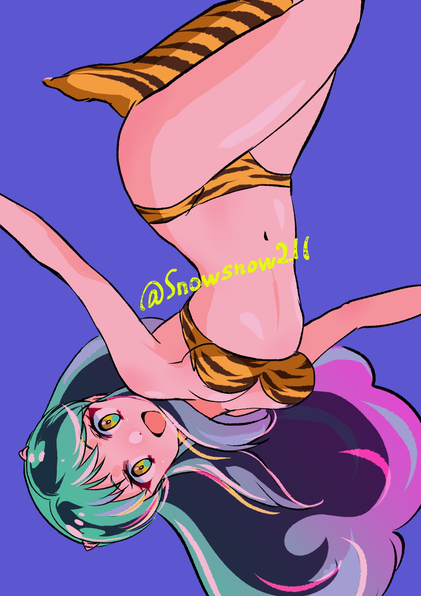 snow (snowsnow211), lum, urusei yatsura, commentary, highres, 1girl, animal print, bikini, blue background, boots, breasts, cone horns, horns, knee boots, long hair, looking at viewer, navel, open mouth, print bikini, print boots, simple background, solo, swimsuit, tiger print, twitter username, upside-down