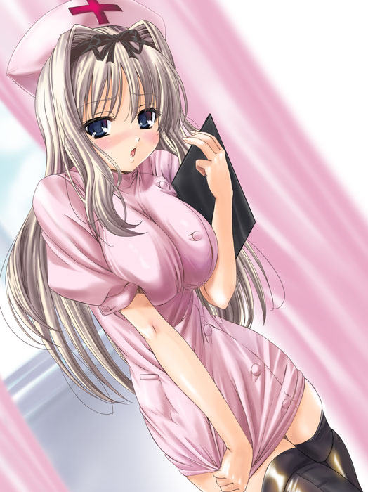 q-gaku, shinbo tamaran, kusugawa sasara, to heart (series), to heart 2, silver hair, 00s, 1girl, black thighhighs, blonde hair, blue eyes, blush, breasts, breasts squeezed together, clipboard, dress, dutch angle, embarrassed, female focus, hair ribbon, hairband, hat, large breasts, long hair, nurse, nurse cap, open mouth, ribbon, solo, thighhighs, very long hair, zettai ryouiki