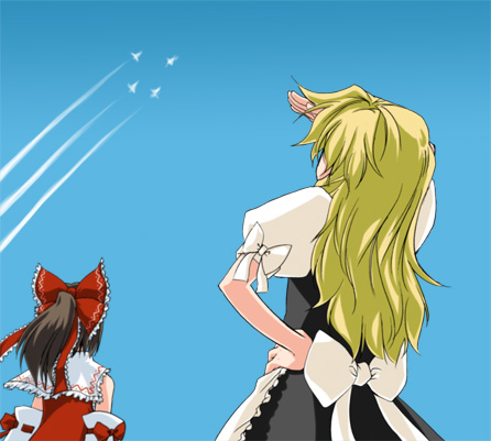 minato akira, hakurei reimu, kirisame marisa, touhou, lowres, 2girls, aircraft, airplane, apron, blonde hair, blue sky, bow, day, detached sleeves, female focus, frills, from behind, hair bow, long hair, looking up, multiple girls, puffy short sleeves, puffy sleeves, red bow, red ribbon, ribbon, ribbon-trimmed sleeves, ribbon trim, short sleeves, sky, upper body