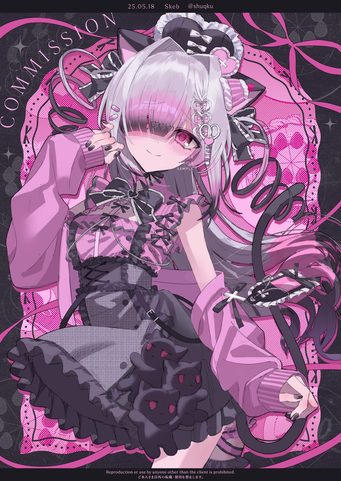original, commentary, commission, english commentary, highres, skeb commission, 1girl, animal ears, black nails, black skirt, black tail, blush, cat ears, cat girl, closed mouth, fingernails, frilled skirt, frills, grey hair, hair ornament, hair over one eye, long hair, multicolored hair, one eye covered, pink eyes, pink hair, pink shirt, shirt, shuqku, skirt, sleeveless, sleeveless shirt, smile, solo, two-tone hair