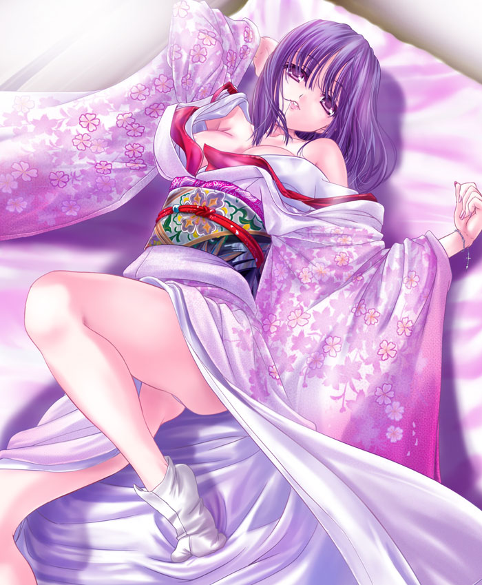 q-gaku, shinbo tamaran, matou sakura, fate/stay night, fate (series), 00s, 1girl, bed, bracelet, female focus, fingernails, flower, hair in own mouth, japanese clothes, jewelry, kimono, leg up, legs, long fingernails, long hair, lying, nail (hardware), nail polish, no bra, off shoulder, on back, outstretched arms, panties, pink nails, purple eyes, purple hair, socks, solo, spread arms, spread legs, tabi, underwear