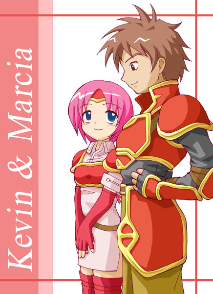 earth ekami, kieran (fire emblem), marcia (fire emblem), fire emblem, fire emblem: path of radiance, fire emblem: radiant dawn, nintendo, pegasus knight uniform (fire emblem), 1boy, 1girl, alternate hair color, armor, blue eyes, character name, dress, elbow gloves, gloves, pink hair, short hair, thighhighs