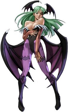 morrigan aensland, capcom, darkstalkers, lowres, 1girl, animal print, bat print, bat wings, bridal gauntlets, demon girl, female focus, full body, head wings, off shoulder, pantyhose, patterned legwear, print pantyhose, purple pantyhose, solo, standing, wings