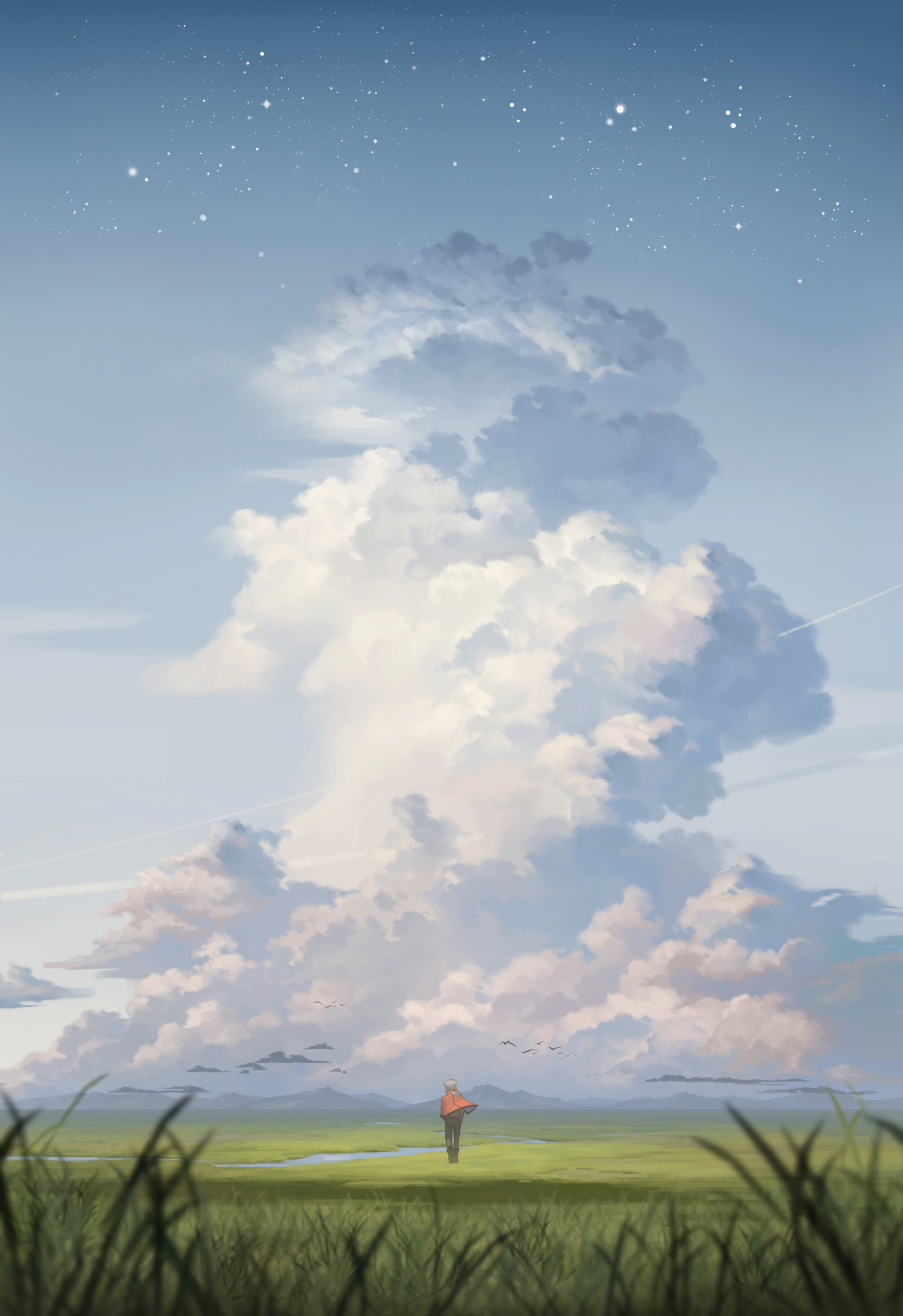 hanxiaodan, original, absurdres, chinese commentary, highres, 1boy, bird, black pants, blue sky, cloud, cloud focus, cumulonimbus cloud, day, from behind, full body, grass, jacket, mountainous horizon, orange jacket, outdoors, pants, plain, river, scenery, sky, solo, walking, wide shot