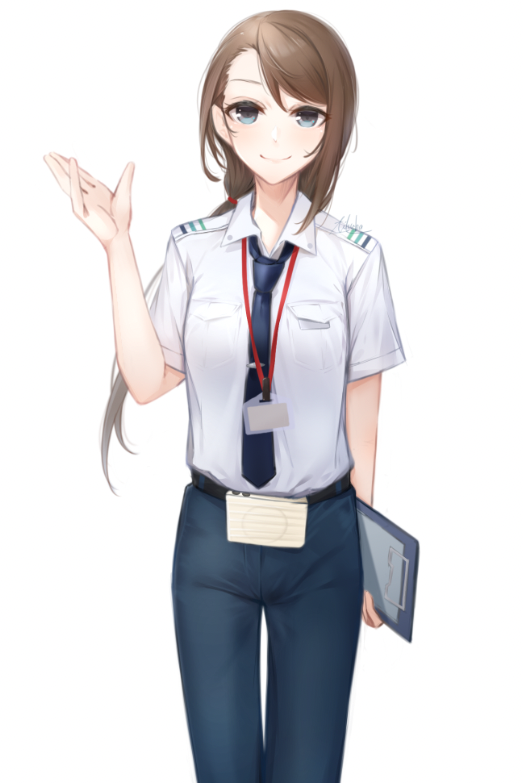 yakku, tennouji nae, tennouji nae (robotics;notes), robotics;notes, science adventure, 1girl, belt, blue eyes, blue pants, blush, breasts, brown hair, closed mouth, collared shirt, cowboy shot, denim, dress shirt, hair between eyes, hand up, holding, jeans, long hair, looking at viewer, necktie, pants, shirt, short sleeves, simple background, smile, solo, standing, white background, white shirt