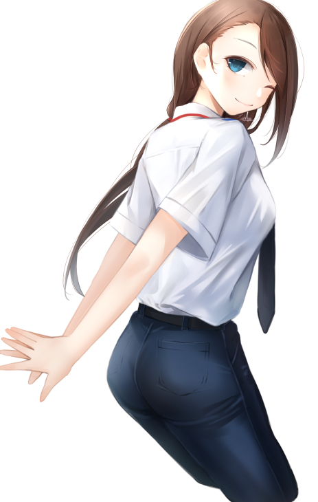 yakku, tennouji nae, tennouji nae (robotics;notes), robotics;notes, science adventure, 1girl, arms behind back, ass, belt, blue eyes, blue pants, blush, breasts, brown hair, closed mouth, collared shirt, cowboy shot, denim, dress shirt, from behind, hair between eyes, holding, jeans, long hair, looking at viewer, one eye closed, pants, shirt, short sleeves, simple background, smile, solo, standing, white background, white shirt