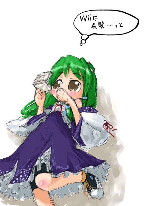 tao, tao (kadoya), kochiya sanae, converse, touhou, translated, 1girl, chibi, detached sleeves, female focus, handheld game console, nintendo ds, playing games, shoes, sneakers, solo, video game