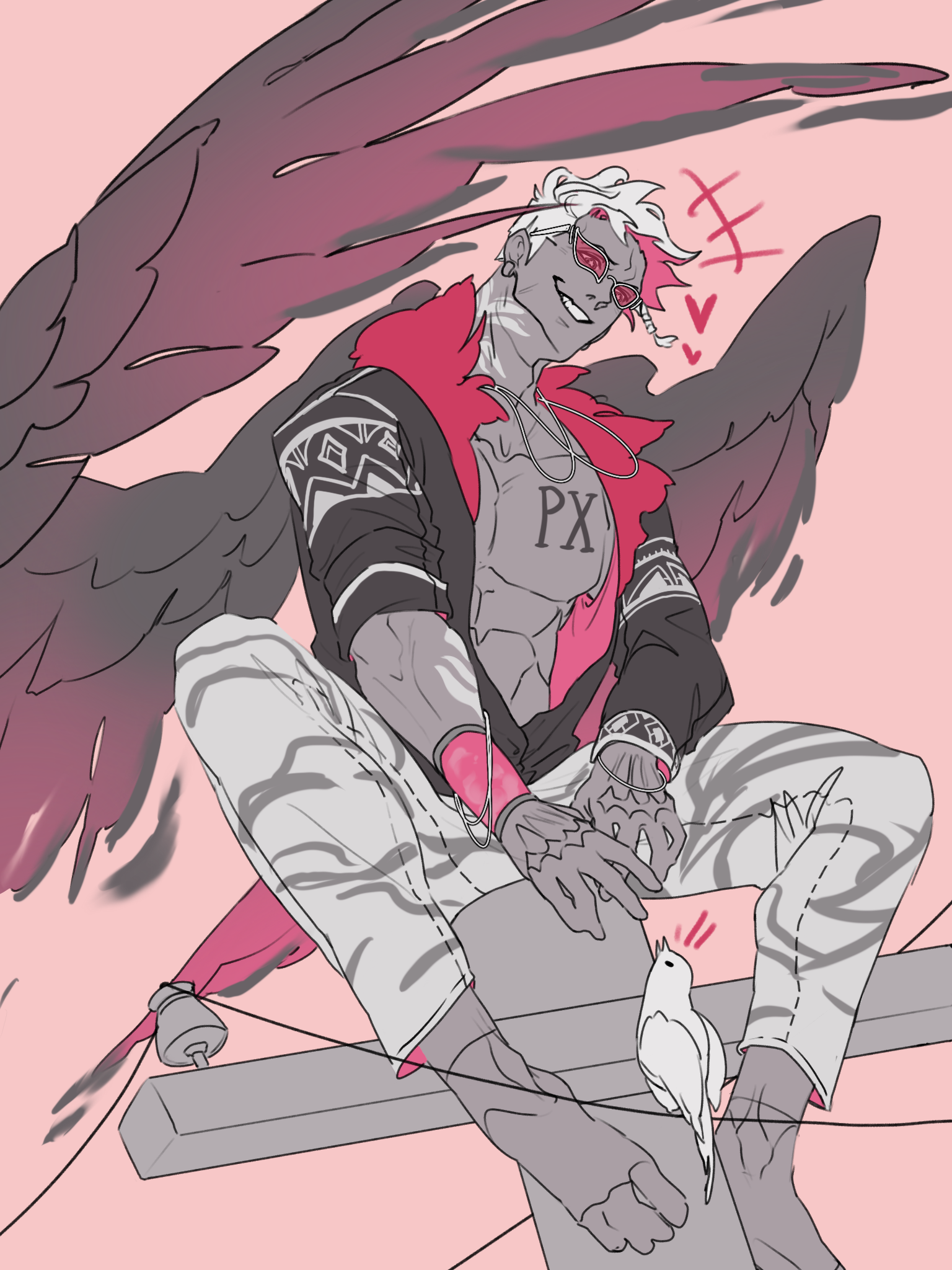 drafterbites, one piece, commentary, english commentary, highres, 1boy, aged up, barefoot, bird, black jacket, black wings, chest tattoo, dark-skinned male, dark skin, earrings, eyes visible through eyewear, heart, jacket, jewelry, looking at animal, male focus, multicolored jacket, open clothes, open jacket, pants, pigeon, pink jacket, s-flamingo, short hair, sitting, sketch, smile, sunglasses, tattoo, two-tone jacket, utility pole, white hair, white pants, wings