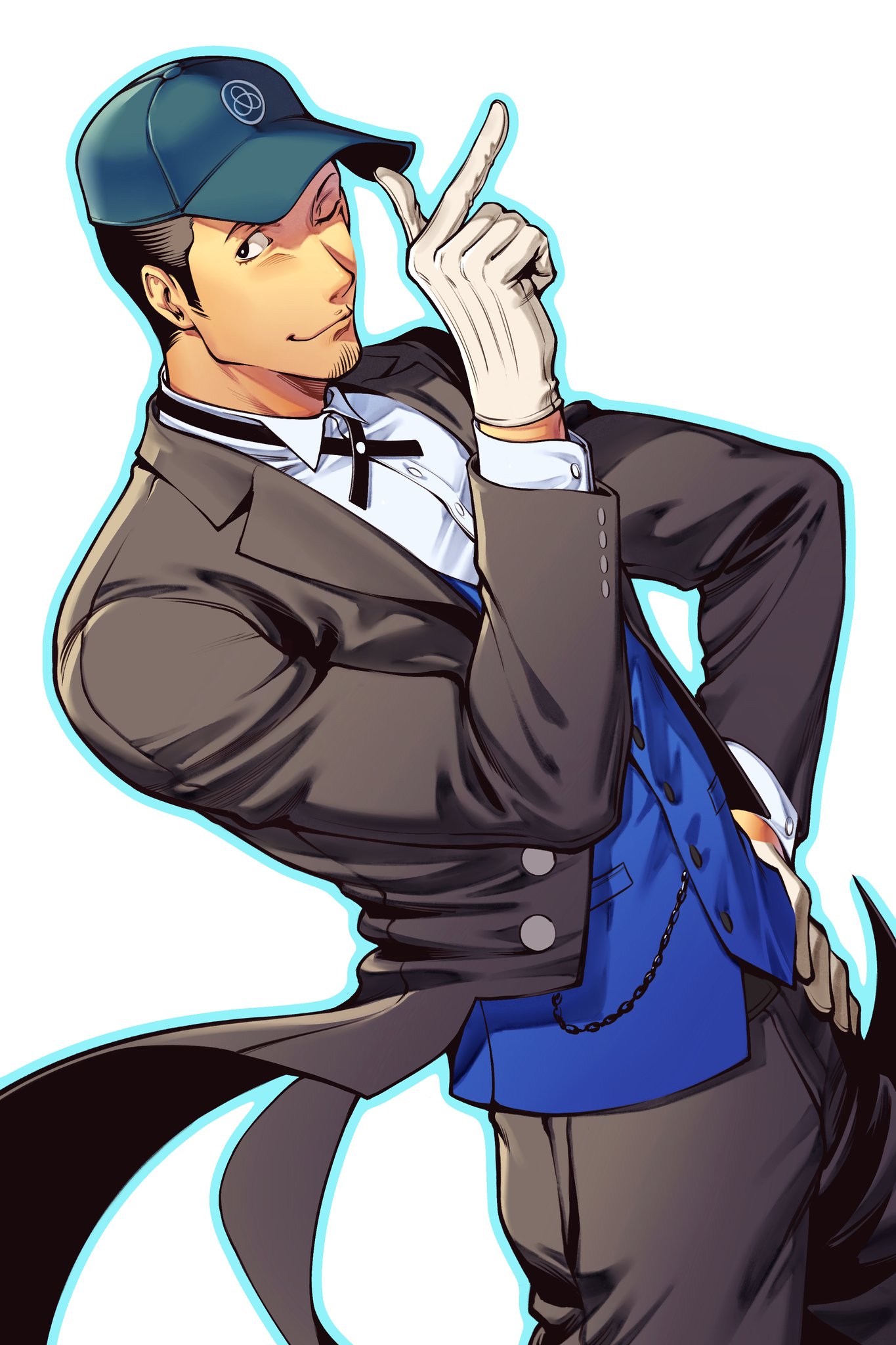 oldkin, iori junpei, persona, persona 3, chinese commentary, highres, 1boy, baseball cap, black jacket, black pants, blue hat, blue vest, butler, closed mouth, collared shirt, cross tie, facial hair, gloves, goatee stubble, hand on own hip, hat, jacket, looking at viewer, male focus, official alternate costume, one eye closed, pants, pocket watch, pointing, pointing up, shirt, simple background, solo, stubble, vest, watch, white background, white gloves, white shirt