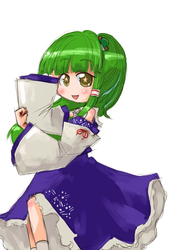 tao, tao (kadoya), kochiya sanae, touhou, 1girl, arms up, chibi, detached sleeves, female focus, frog hair ornament, green hair, hair ornament, long hair, no nose, simple background, smile, solo, star-shaped pupils, star (symbol), symbol-shaped pupils, white background
