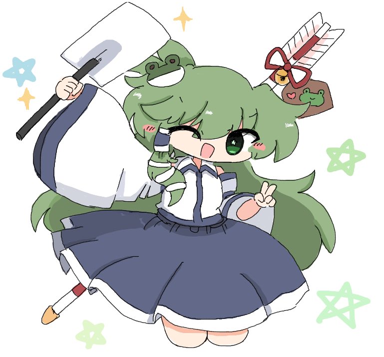 kuuinusuki, kochiya sanae, touhou, 1girl, :d, arrow (symbol), bare shoulders, bell, blue skirt, blush, blush stickers, collared shirt, detached sleeves, double-parted bangs, frog hair ornament, gohei, green eyes, green hair, hair ornament, hair tubes, holding, holding gohei, jingle bell, long hair, long sleeves, one eye closed, open mouth, shirt, simple background, single hair tube, single sidelock, skirt, skirt set, sleeveless, sleeveless shirt, smile, snake hair ornament, solo, sparkle, star (symbol), v, white background, wide sleeves