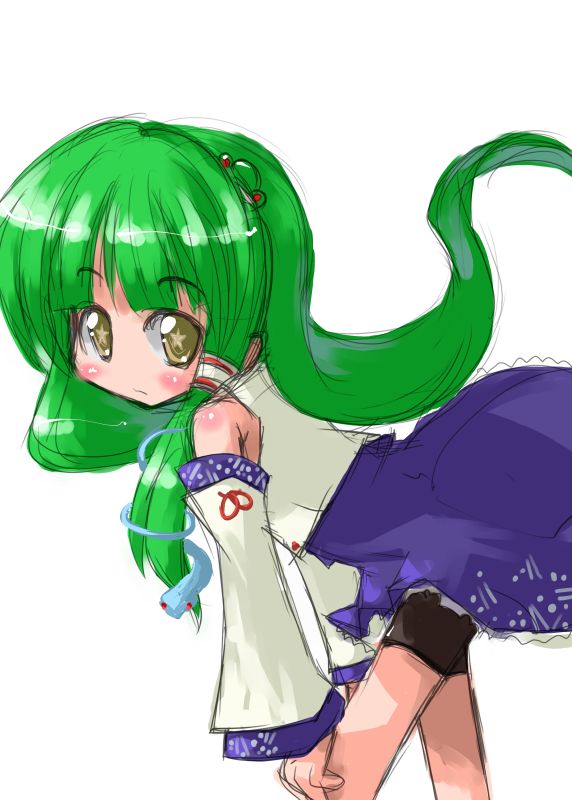 tao, tao (kadoya), kochiya sanae, touhou, 1girl, chibi, detached sleeves, female focus, frog hair ornament, green hair, hair ornament, leaning forward, long hair, simple background, solo, star-shaped pupils, star (symbol), symbol-shaped pupils, white background