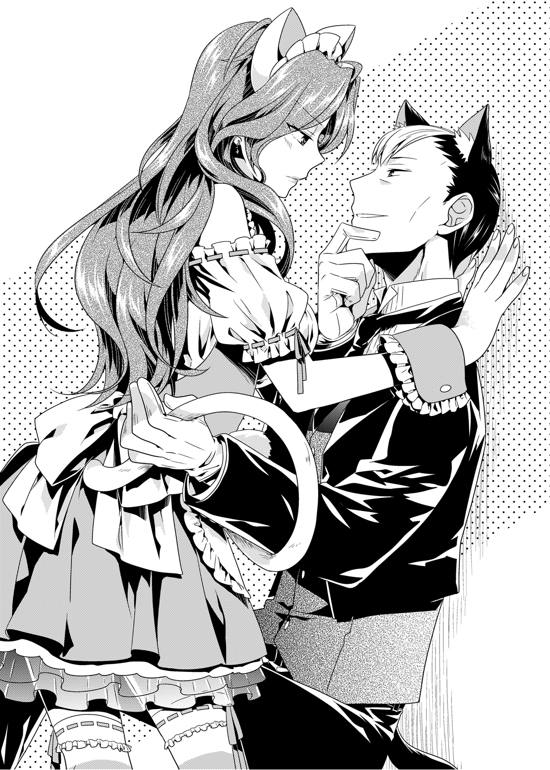 ikuhashi muiko, senomiya misaki, robotics;notes, science adventure, highres, 1boy, 1girl, animal ears, bare shoulders, blush, bow, cat ears, cat tail, couple, detached sleeves, dress, eye contact, frills, gloves, greyscale, grin, hetero, long hair, long sleeves, looking at another, monochrome, parted lips, sawada toshiyuki, short hair, skirt, smile, tail, thighhighs