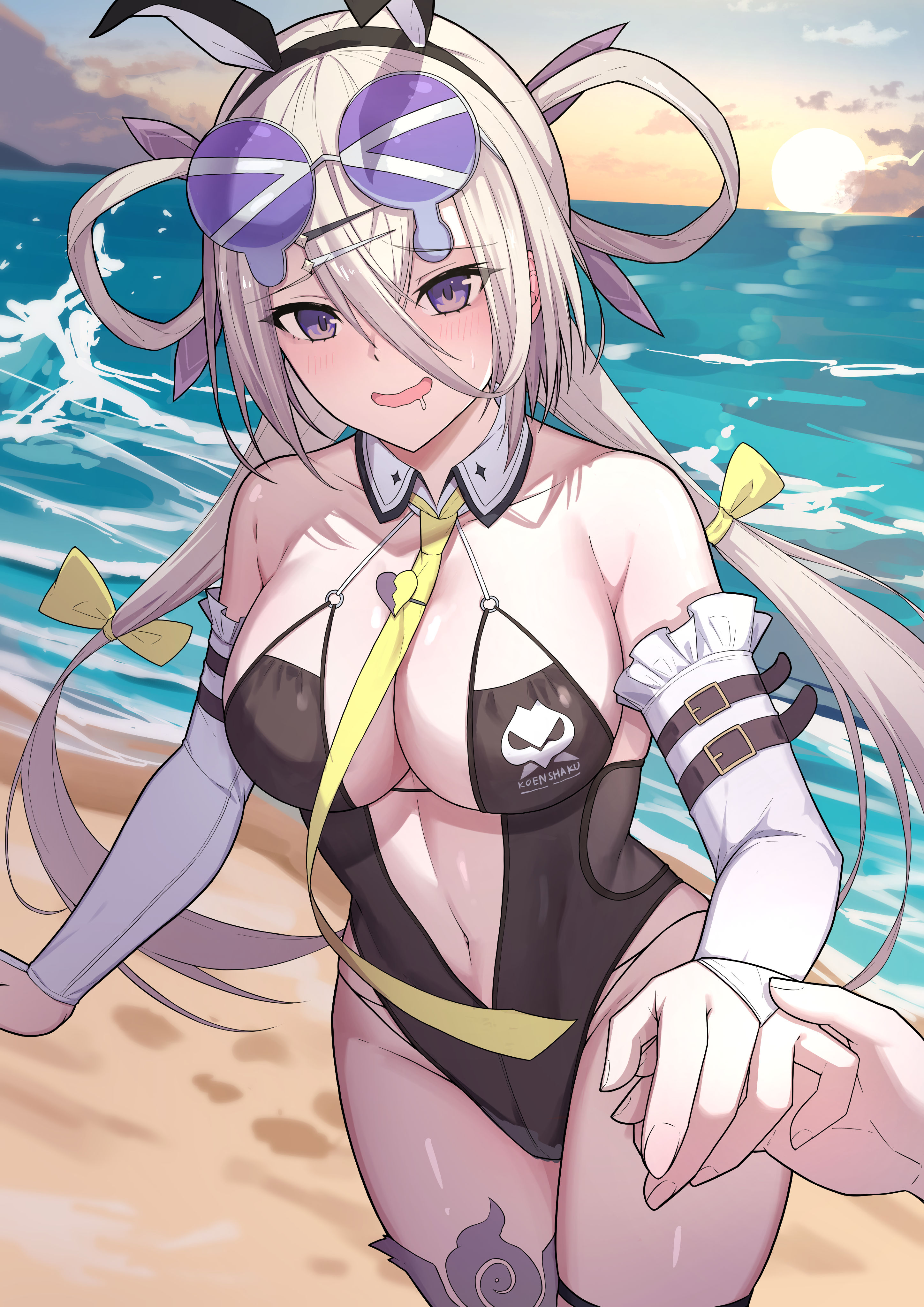 natu zame, huyan zhuo (fate), fate/grand order, fate (series), absurdres, highres, 1girl, animal ears, bare shoulders, beach, black one-piece swimsuit, blush, breasts, cleavage, detached collar, detached sleeves, eyewear on head, fake animal ears, grey hair, hair between eyes, hair ornament, hair rings, hairclip, highleg, highleg one-piece swimsuit, holding hands, huyan zhuo (swimsuit berserker) (fate), large breasts, long hair, looking at viewer, low twintails, navel, necktie, one-piece swimsuit, plunging neckline, purple eyes, shore, solo focus, sunglasses, swimsuit, thigh strap, thighs, twintails, very long hair